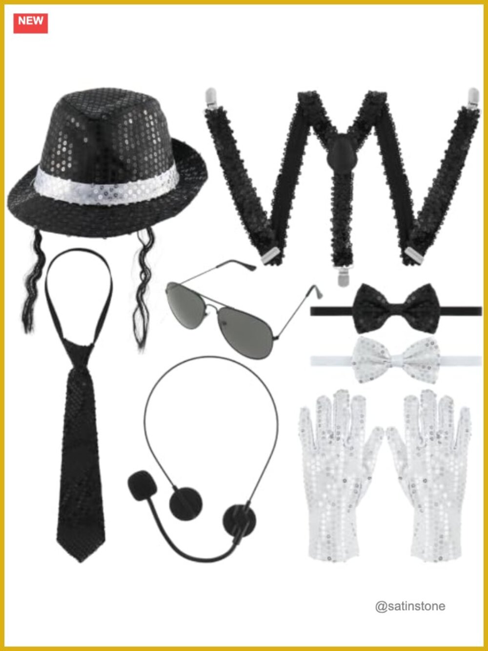 8Pc 80s Pop Star Costume Set Sequin Hat Suspenders Gloves Tie